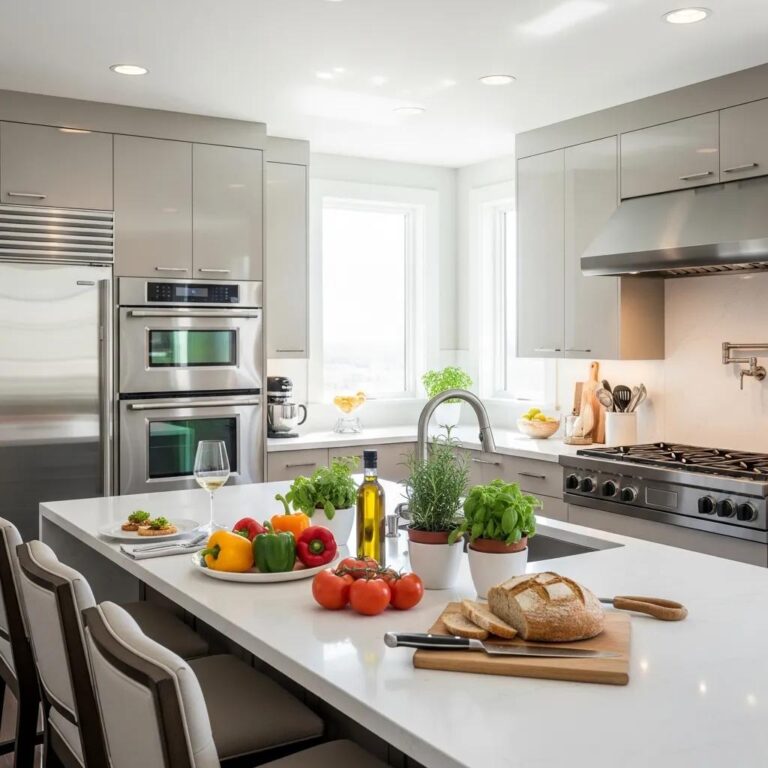 Modern high-end kitchen with professional appliances and gourmet ingredients