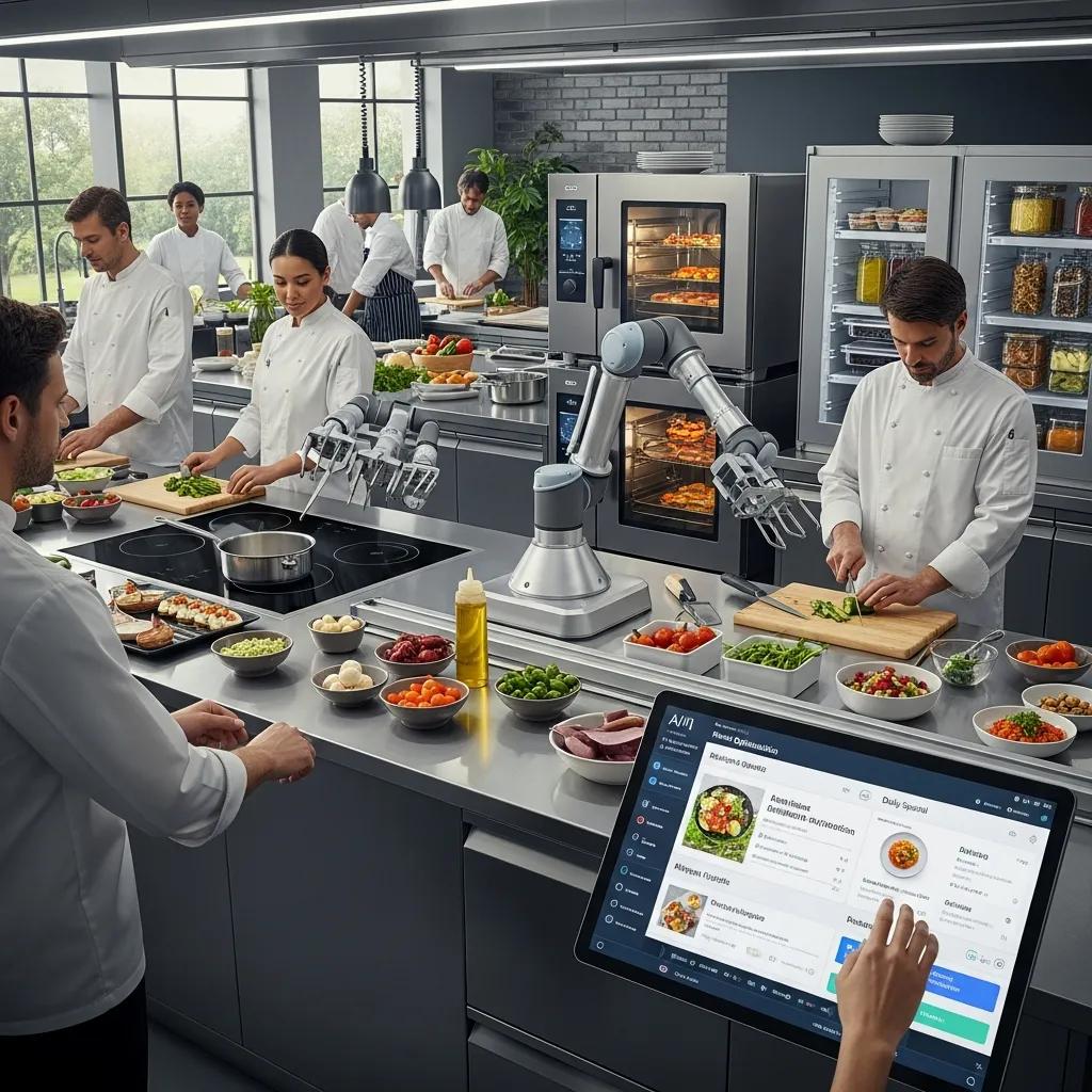 Modern kitchen featuring chefs utilizing advanced culinary technology, including AI tools and assistive robotics, enhancing fine dining experiences with fresh ingredients and streamlined service.