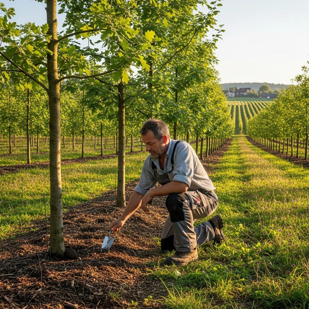 Man kneeling in a truffle orchard, examining soil around inoculated trees, illustrating sustainable truffle cultivation practices in a managed setting.