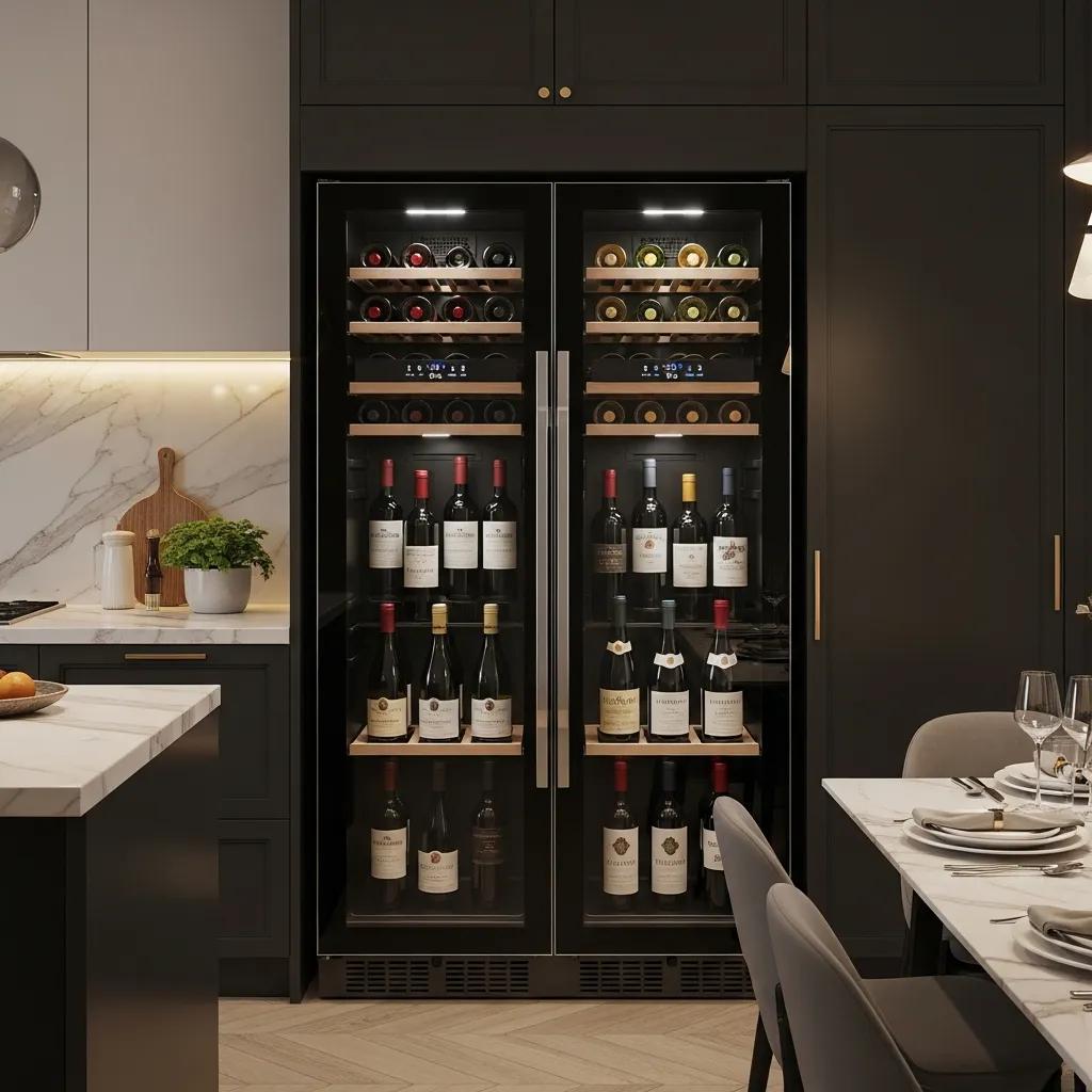 A contemporary wine fridge with UV-filtered door and neat racks, illustrating practical benefits for collectors
