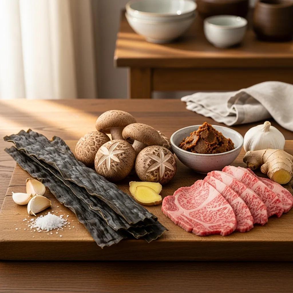 Natural sources of umami including kombu, shiitake mushrooms, A5 Wagyu beef, miso, garlic, and ginger arranged on a rustic cutting board, emphasizing gourmet ingredients for enhancing savory flavors in fine dining.