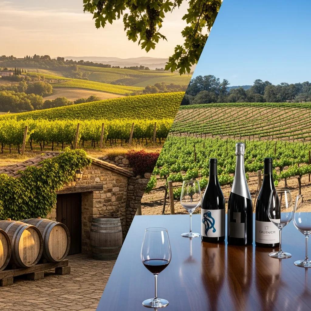 Old World and New World wines comparison with European vineyard and modern California vineyard