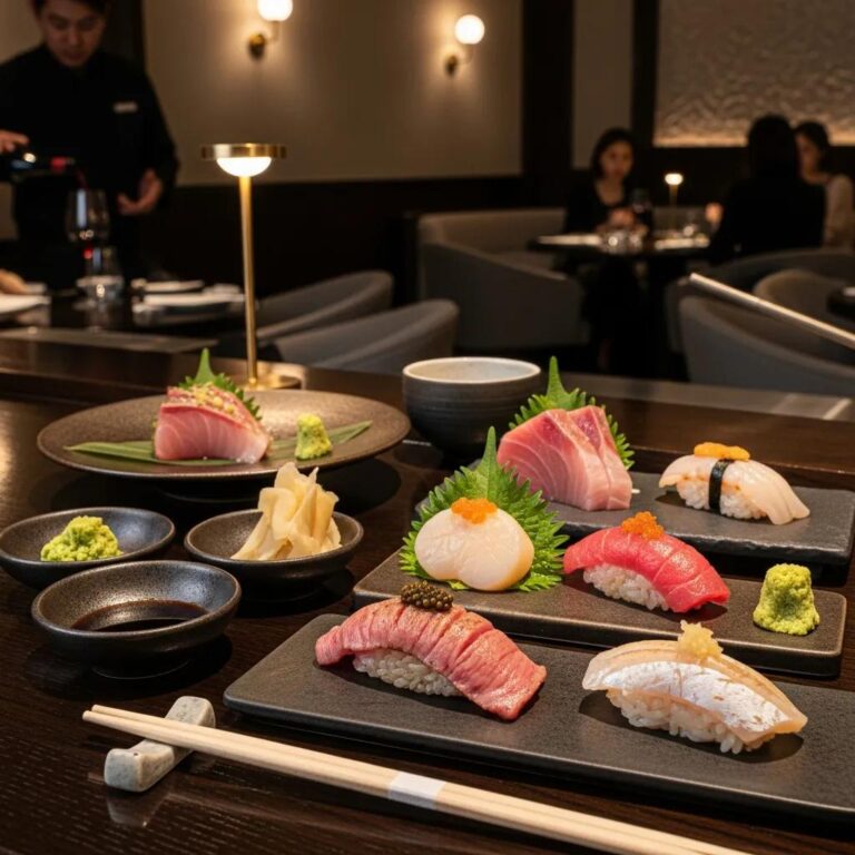 Omakase dining experience at Kaviar Restaurant featuring A5 Wagyu and caviar in an elegant setting