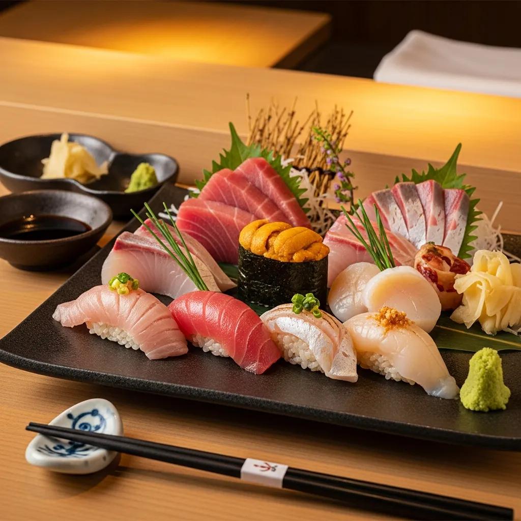 Beautifully plated sushi and sashimi selection featuring a variety of fish, including tuna and uni, in a traditional Japanese dining setting, accompanied by wasabi and pickled ginger, emphasizing the artistry of omakase cuisine.