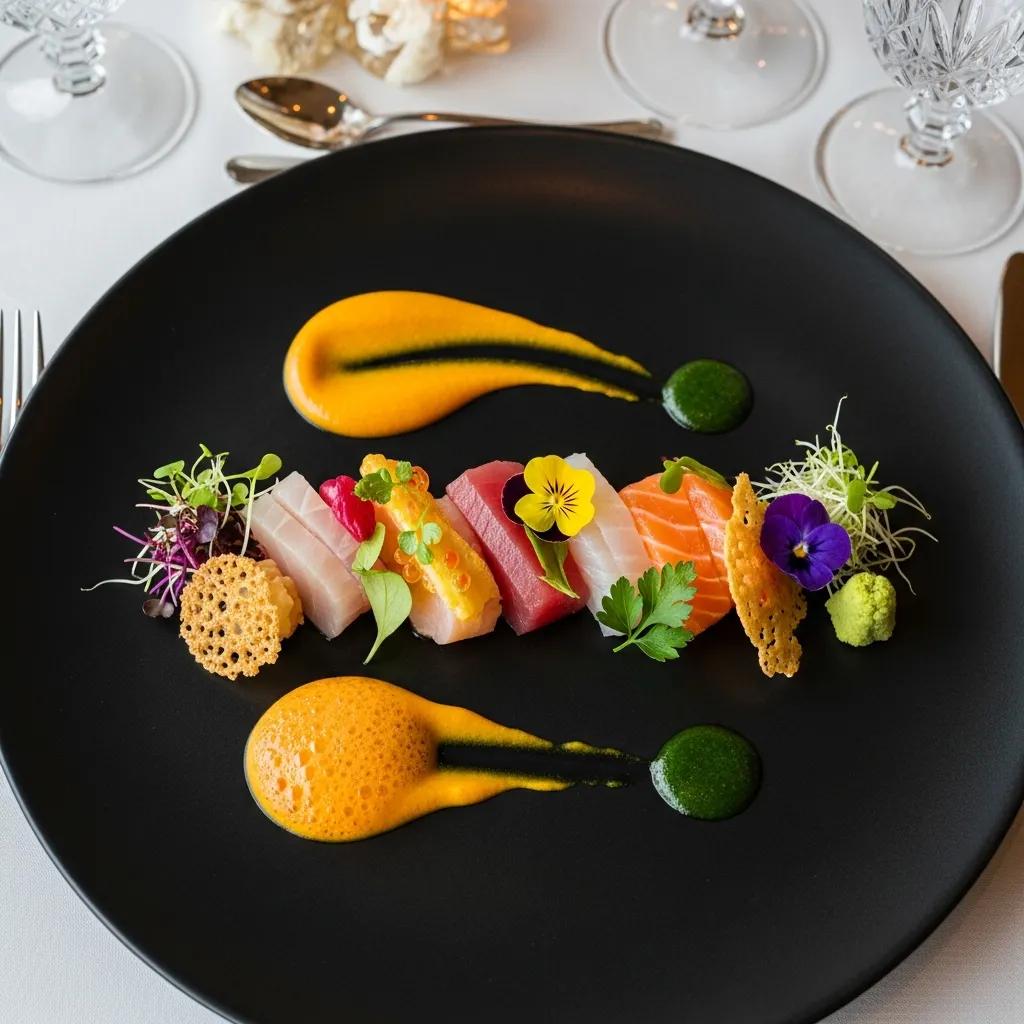 Overhead composition of a plated course showing balance, contrast, and layered textures for visual clarity