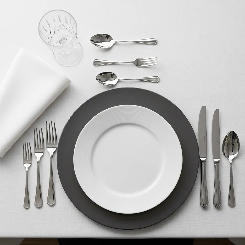 Overhead view of a formal dinner place showing charger, plates, and utensils
