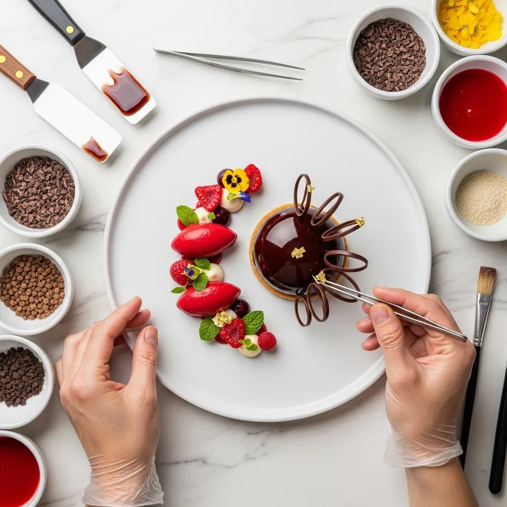 Hands of a pastry chef arranging a plated dessert with tempered chocolate, fine glazing, and precise finishing touches in a professional kitchen
