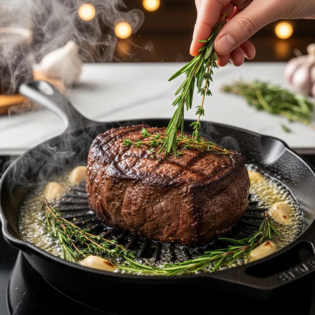 Perfectly seared sous-vide steak in a cast iron skillet, garnished with fresh herbs and garlic, showcasing gourmet cooking techniques.