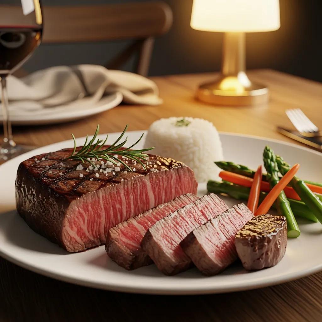 Perfectly seared A5 Wagyu steak with marbling, served with rice and seasonal vegetables in a cozy home dining setting.