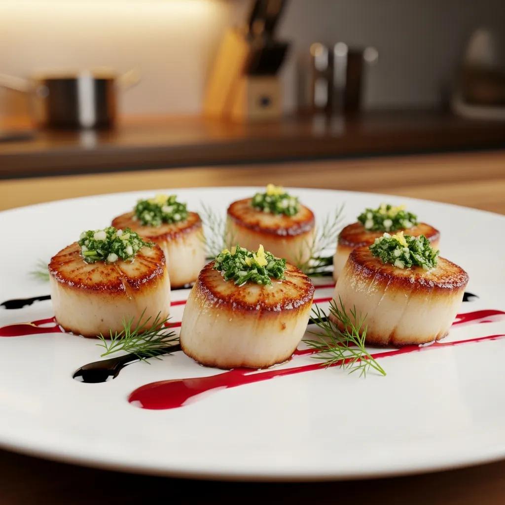 Perfectly seared scallops with golden crust, garnished with herbs in a warm kitchen setting