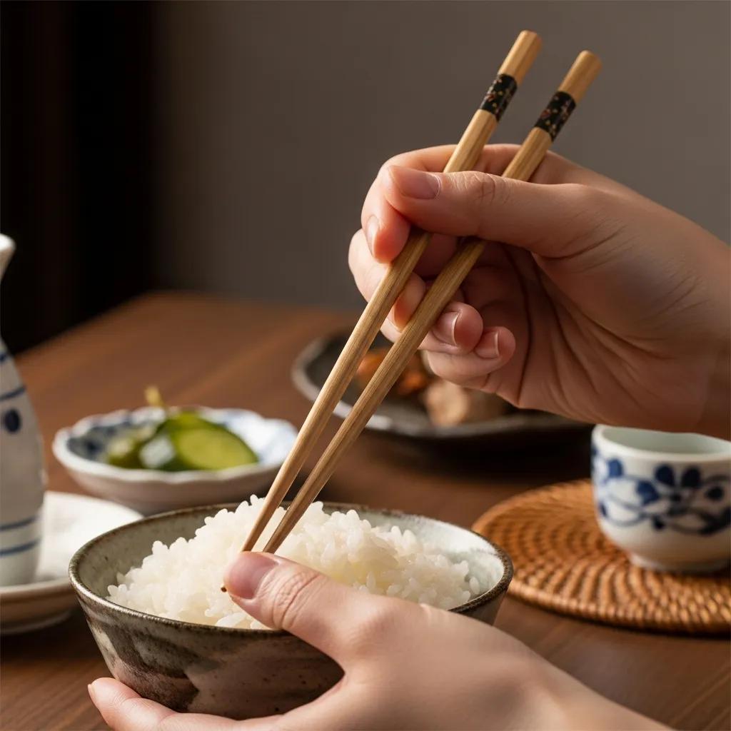 Person demonstrating proper chopstick technique over a bowl of rice in a Japanese dining setting, highlighting cultural dining etiquette and respect for food.