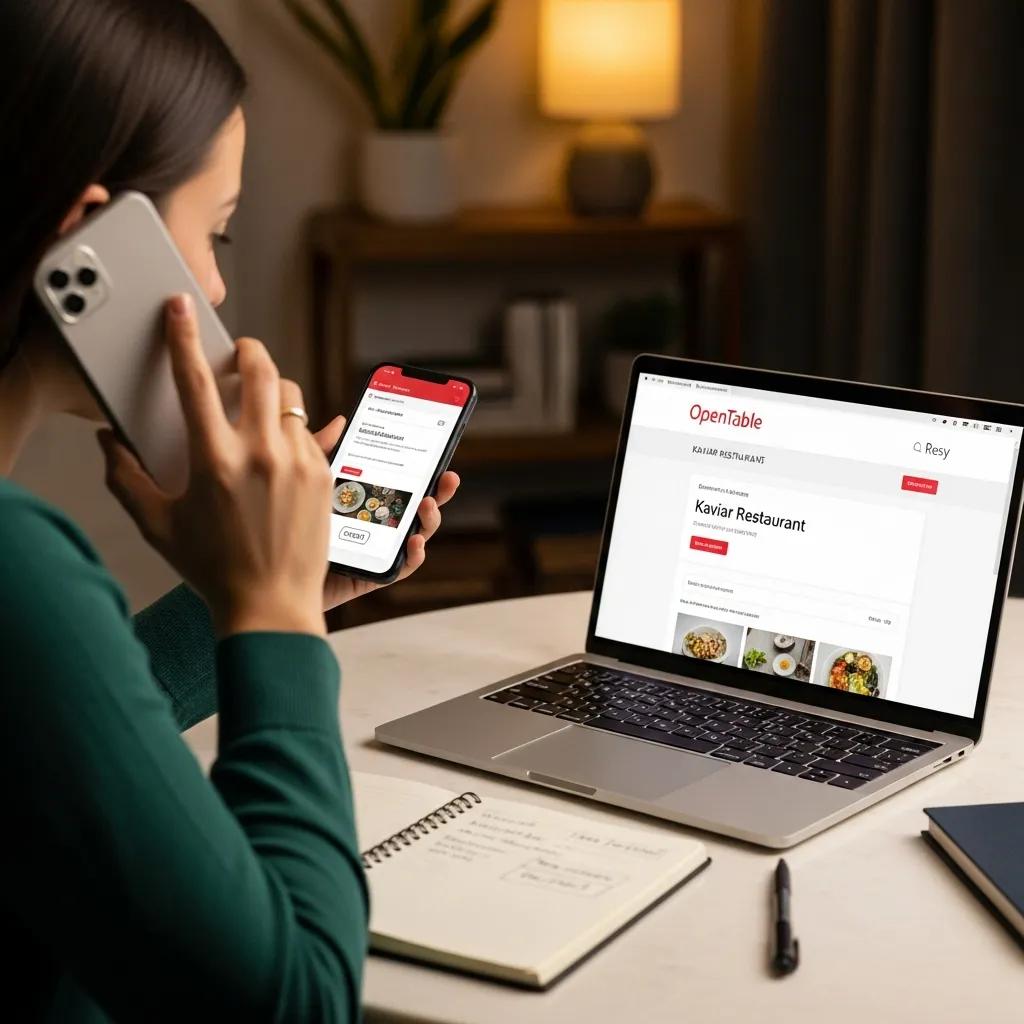 Person making a reservation for Kaviar Restaurant using phone and OpenTable on laptop, illustrating the reservation process for fine dining.