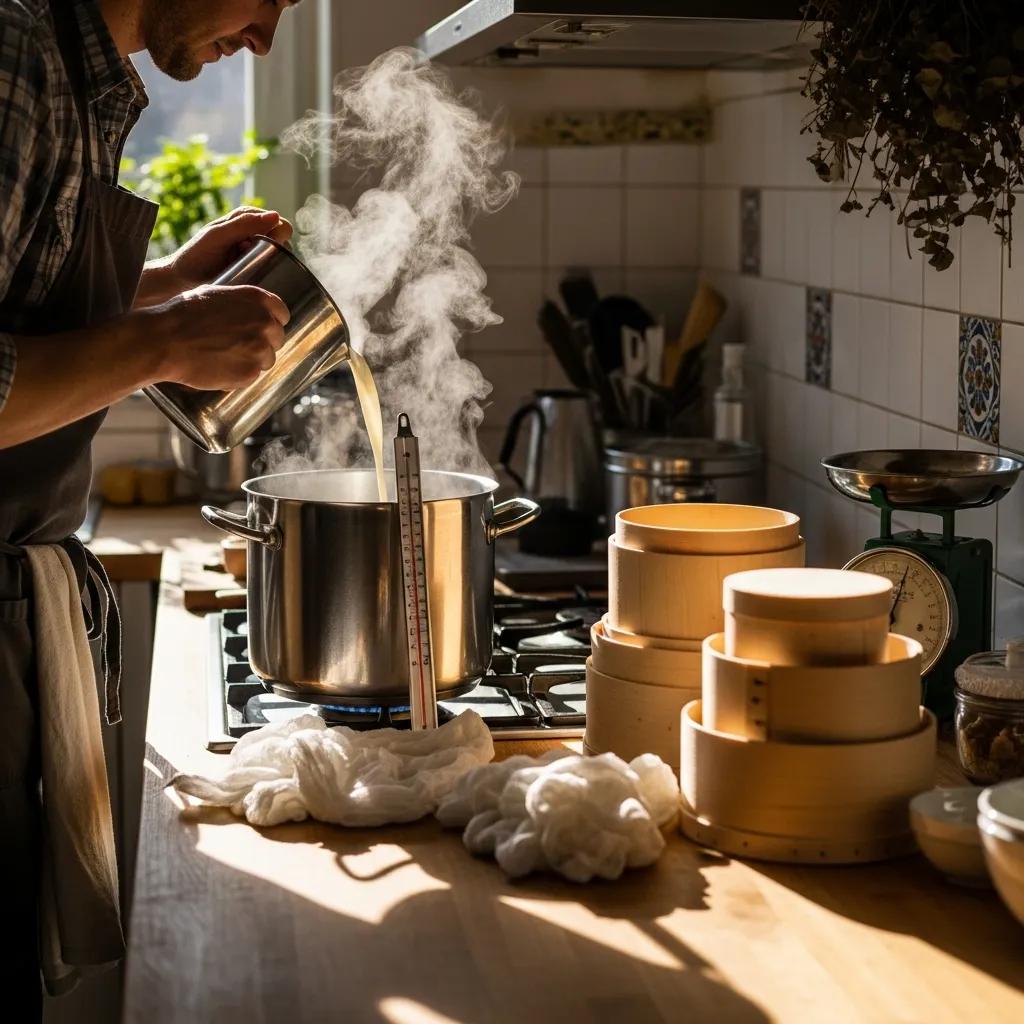 Person pouring milk into a pot for artisanal cheesemaking, with steam rising, surrounded by cheese molds and kitchen tools, illustrating the cheesemaking process.