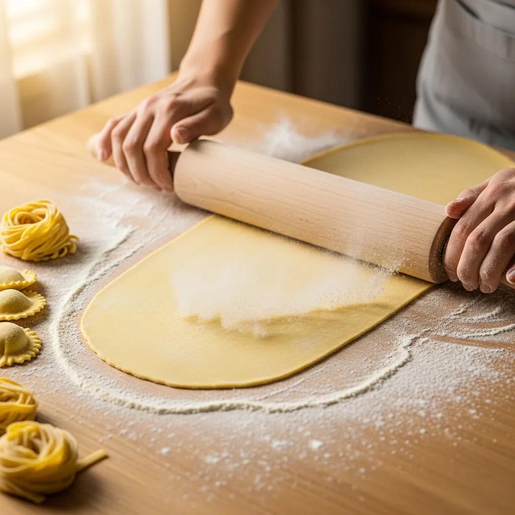 Rolling fresh pasta dough with a traditional rolling pin, showing technique and form