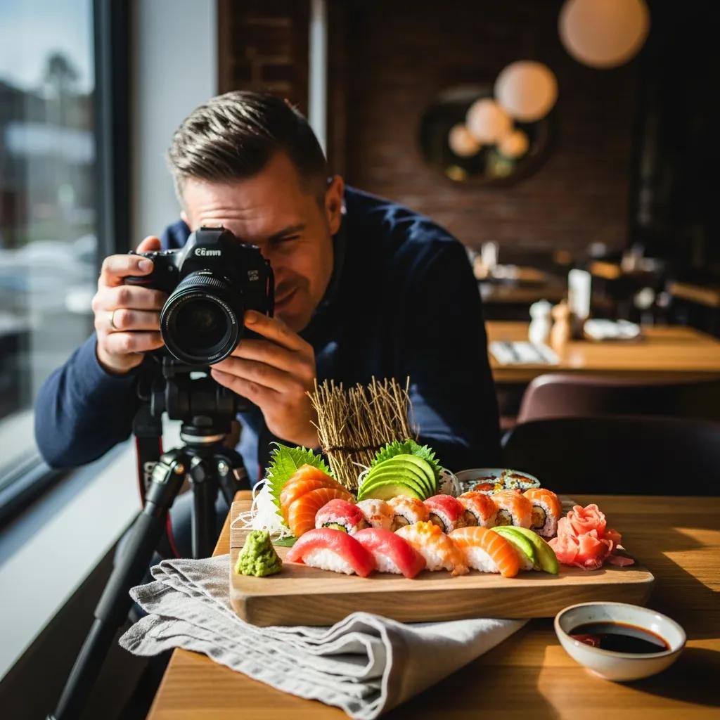 Photographer shooting a sushi platter using window light