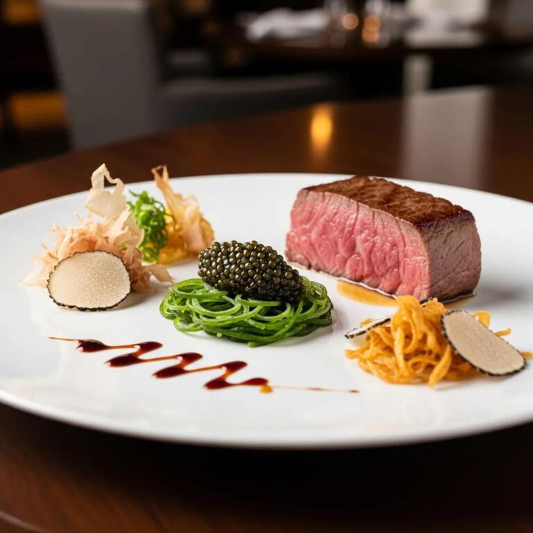 Plate of A5 Wagyu, caviar, and kombu highlighting umami flavors in fine dining