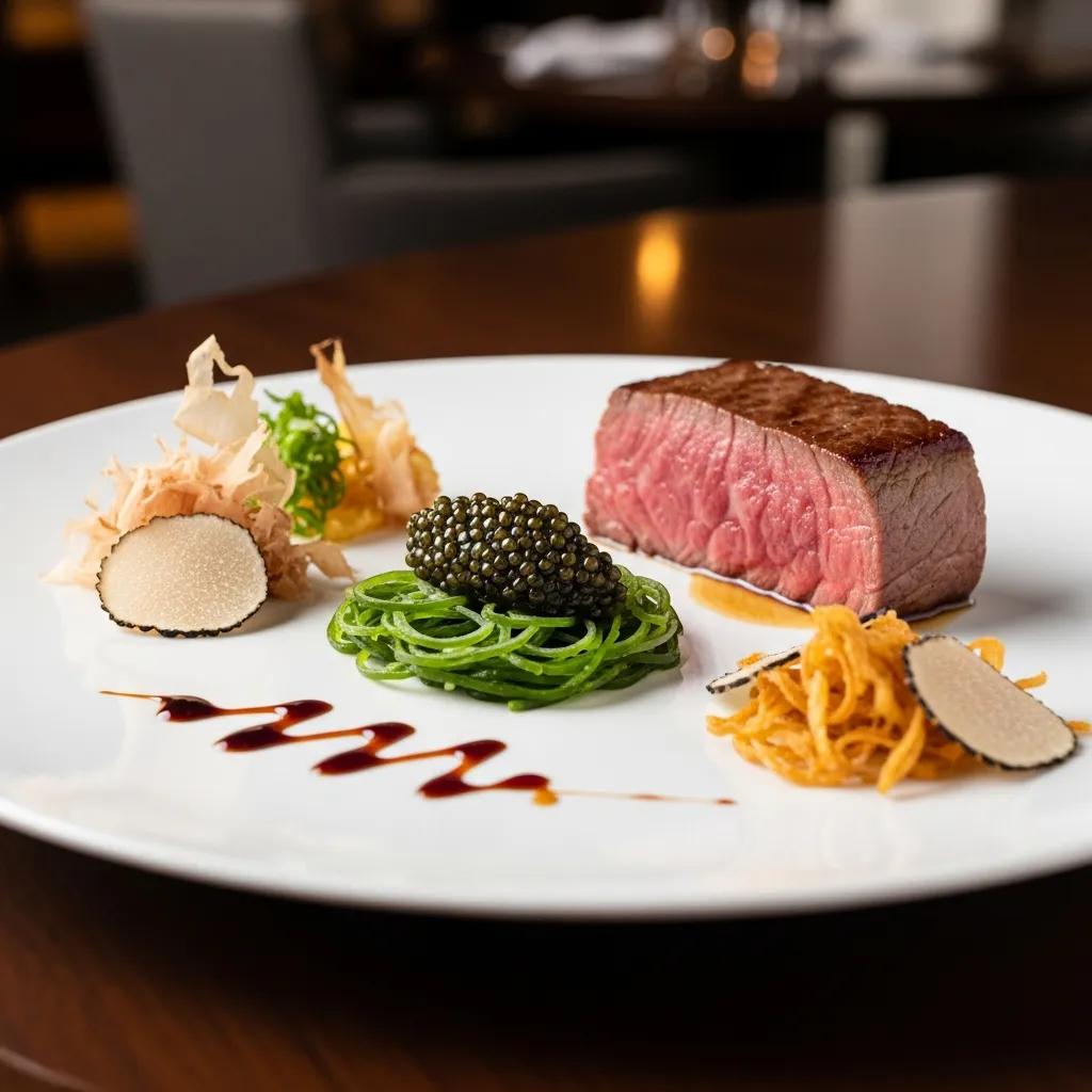 Plate of A5 Wagyu, caviar, and kombu highlighting umami flavors in fine dining