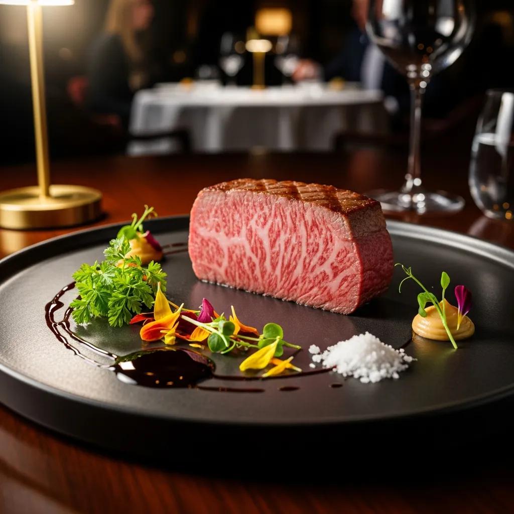 A5 Wagyu beef dish showcasing intricate marbling and texture, elegantly plated with vibrant edible flowers, sea salt, and a rich sauce, in a refined fine dining setting at Kaviar Restaurants.