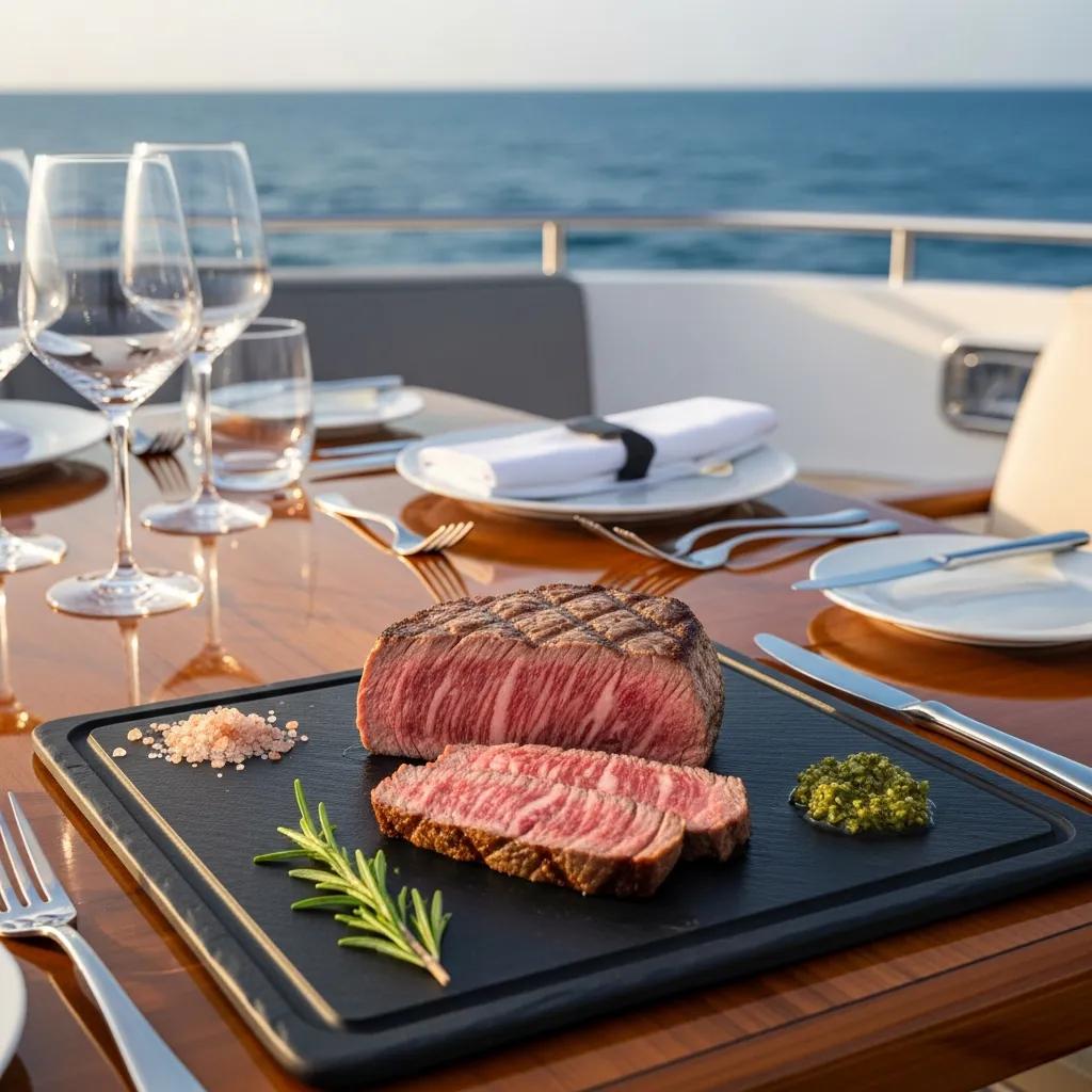 A5 Wagyu plated on a yacht, illustrating luxury catering techniques