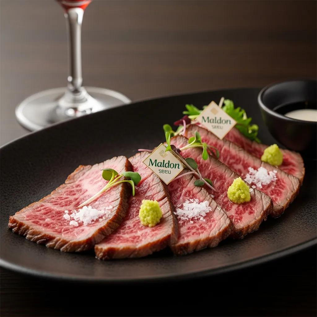 Plated Miyazaki A5 Wagyu slices garnished with Maldon sea salt, wasabi, and microgreens, accompanied by a glass of red wine in an elegant fine dining setting.