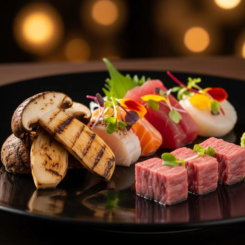 Plated autumn omakase dish featuring grilled matsutake mushrooms, assorted sashimi, and A5 Wagyu beef, garnished with microgreens and edible flowers, showcasing seasonal Japanese ingredients.
