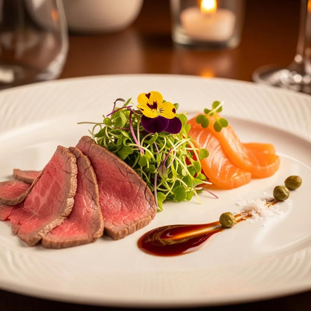 Plated sous vide course featuring A5 Wagyu and salmon with minimalist garnishes