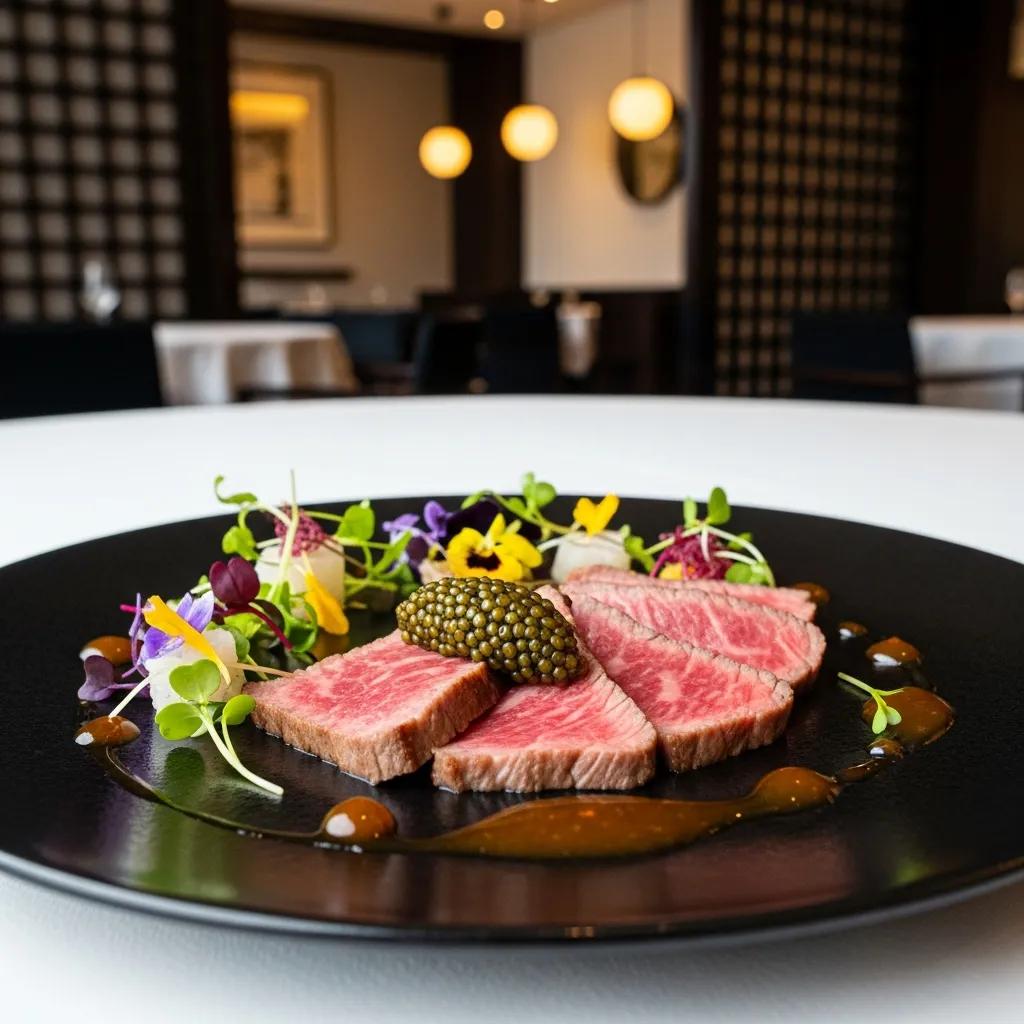 Premium Miyazaki A5 Wagyu beef slices with Kaluga caviar and edible flowers, elegantly presented on a black plate in a refined dining setting at Kaviar Restaurants.