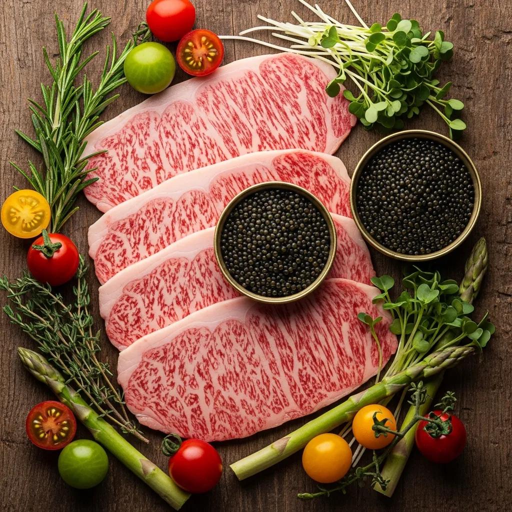 Premium A5 Wagyu and caviar on display with fresh garnishes