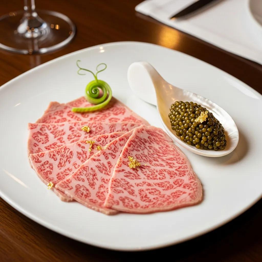 Premium A5 Wagyu slices elegantly arranged with Kaluga-style caviar on a fine dining plate, garnished with a green spiral and gold accents, showcasing Kaviar's gourmet Thanksgiving offerings.