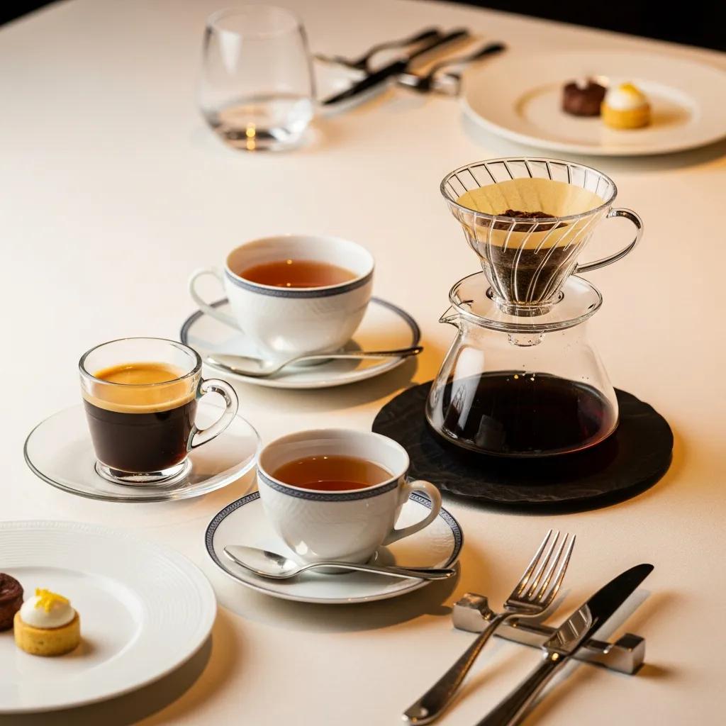 An elegant arrangement of after‑dinner beverages on a refined table, illustrating curated selections