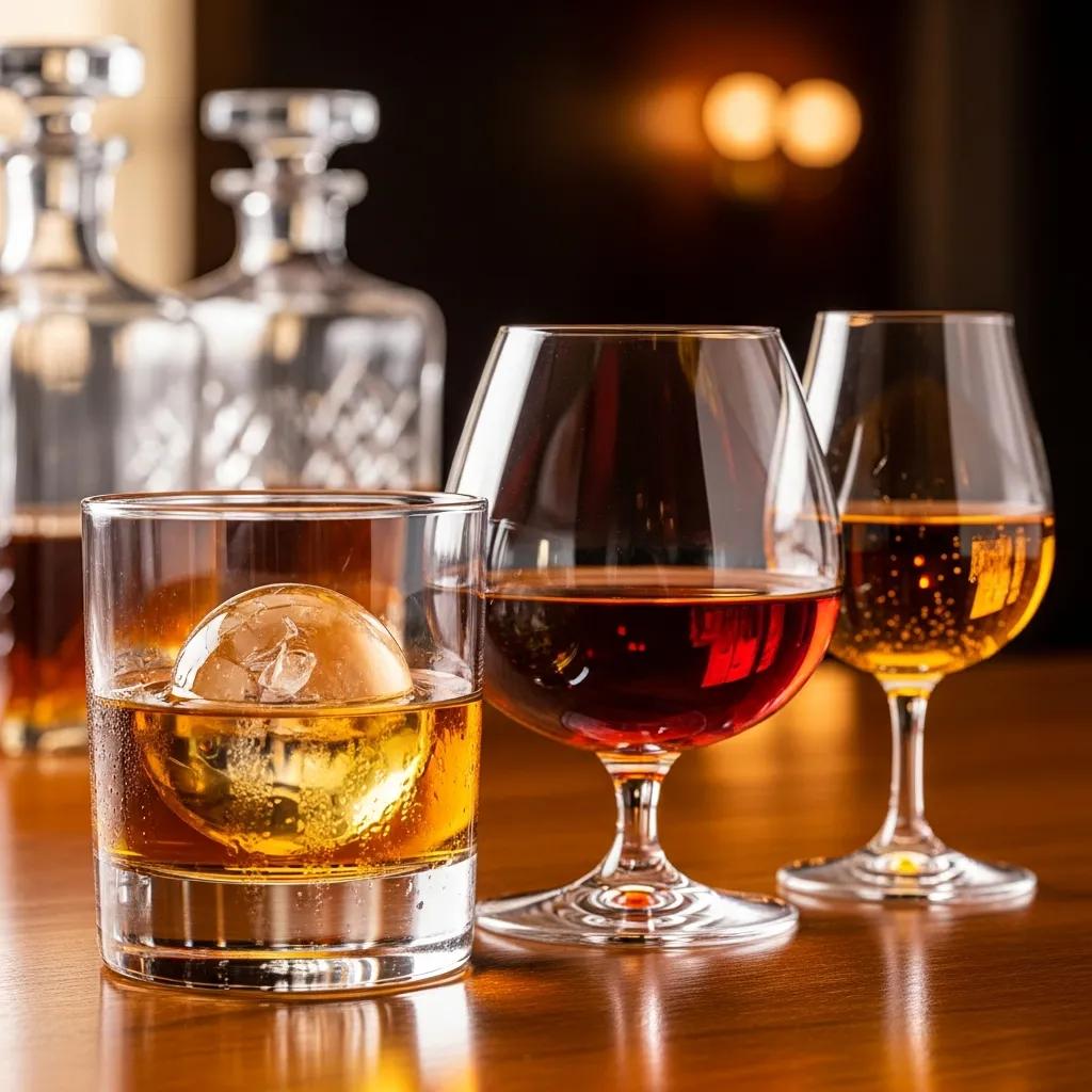 Selection of premium aged spirits in refined glassware, capturing deep colour and texture