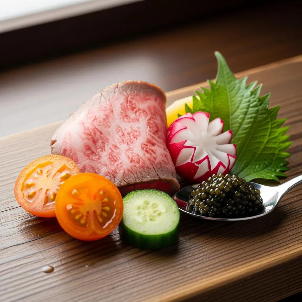 Thoughtfully sourced ingredients &mdash; A5 Wagyu, caviar, and seasonal produce &mdash; arranged for menu preparation