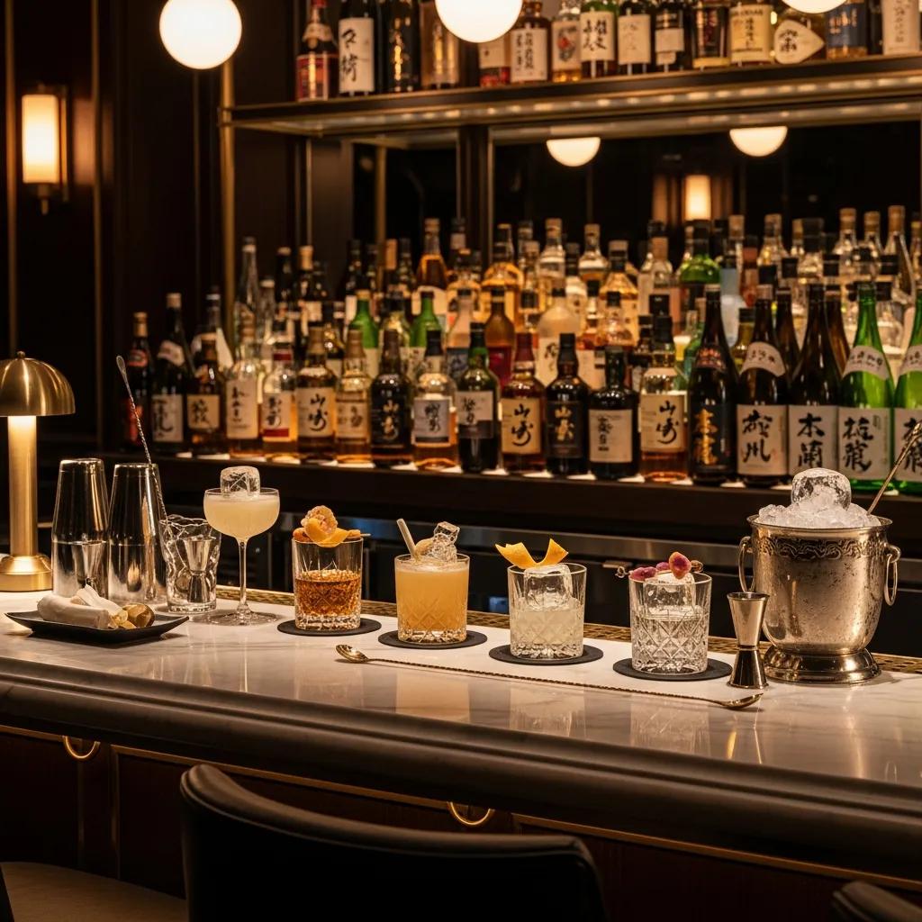 Premium Japanese whiskies and crafted cocktails displayed on a marble bar in an upscale setting, with a backdrop of assorted liquor bottles.
