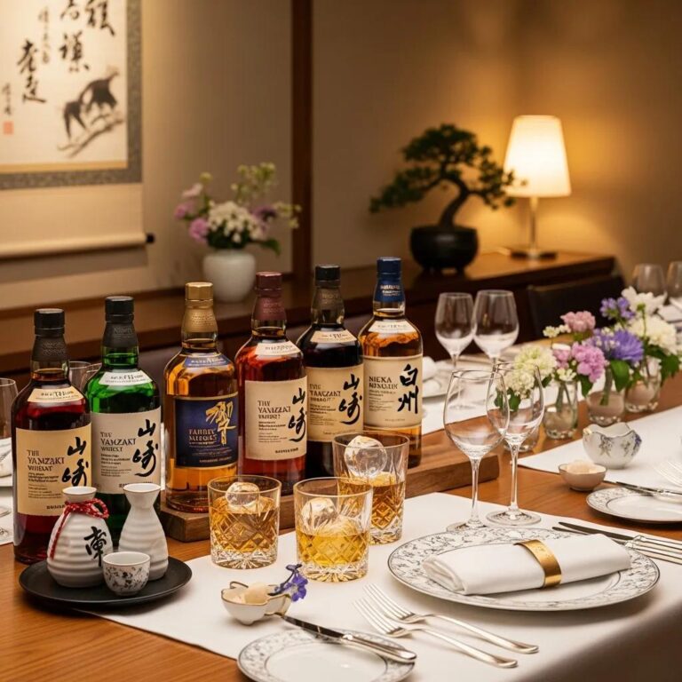 Premium Japanese whisky bottles displayed elegantly on a fine dining table, featuring elegant glassware, seasonal flowers, and traditional sake cups, highlighting the luxurious dining experience at Kaviar Restaurants.