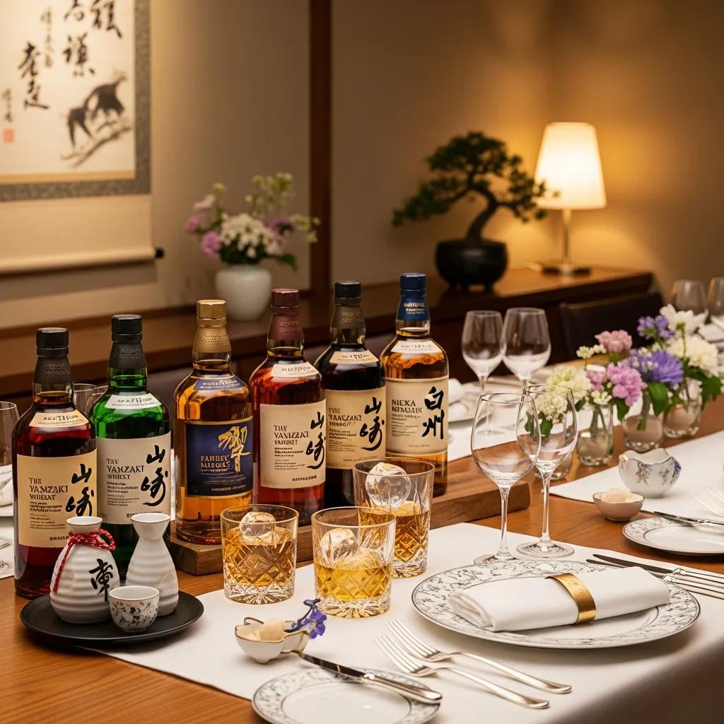 Premium Japanese whisky bottles displayed elegantly on a fine dining table, featuring various brands and accompanying glassware, with decorative floral arrangements and traditional dining settings.