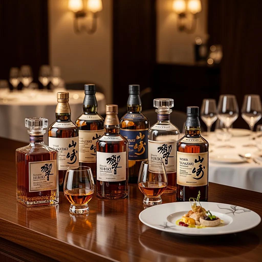 Premium Japanese whisky selection displayed in a luxurious dining setting, featuring various bottles including Hibiki and Yamazaki, alongside a gourmet dish on a fine dining plate.