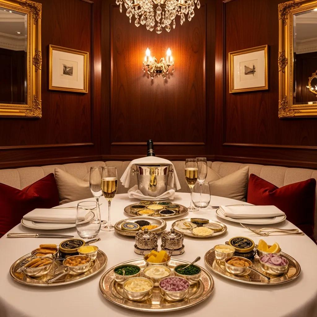 Elegant private dining setup in Kaviar's exclusive tasting room, featuring caviar platters, gourmet accompaniments, and champagne, designed for intimate gatherings and high-profile events.