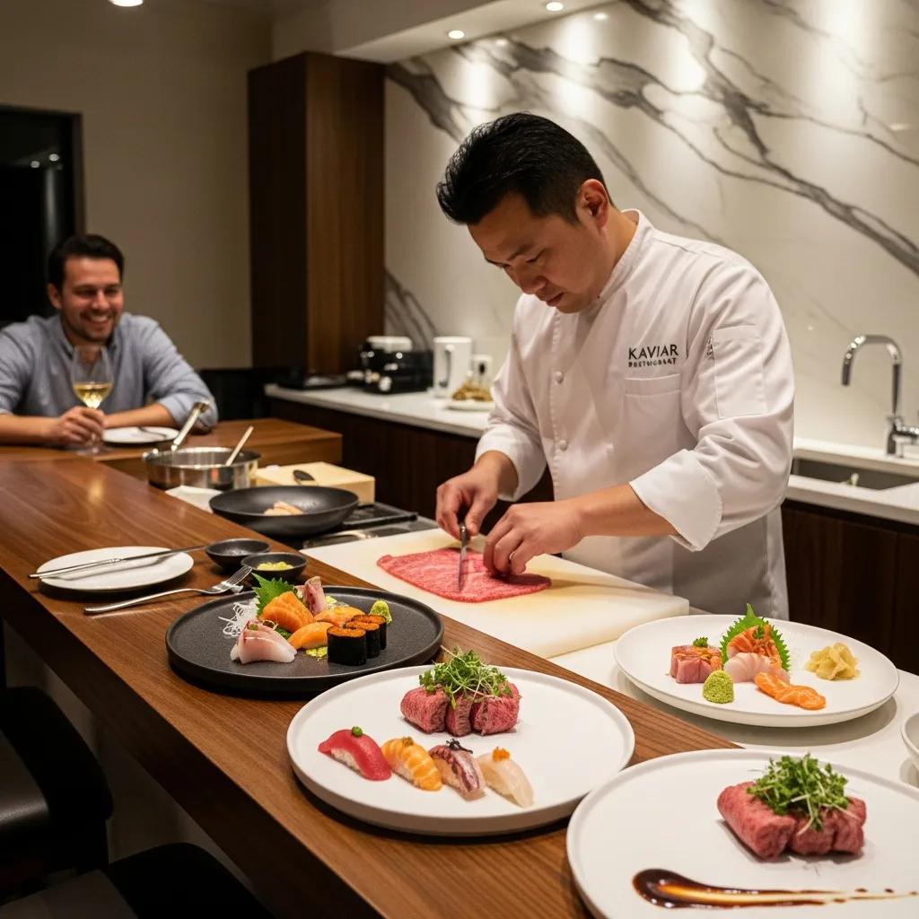 Private chef from Kaviar Restaurant preparing an omakase meal with A5 Wagyu and exquisite sushi, showcasing personalized luxury dining experience in a modern kitchen setting.