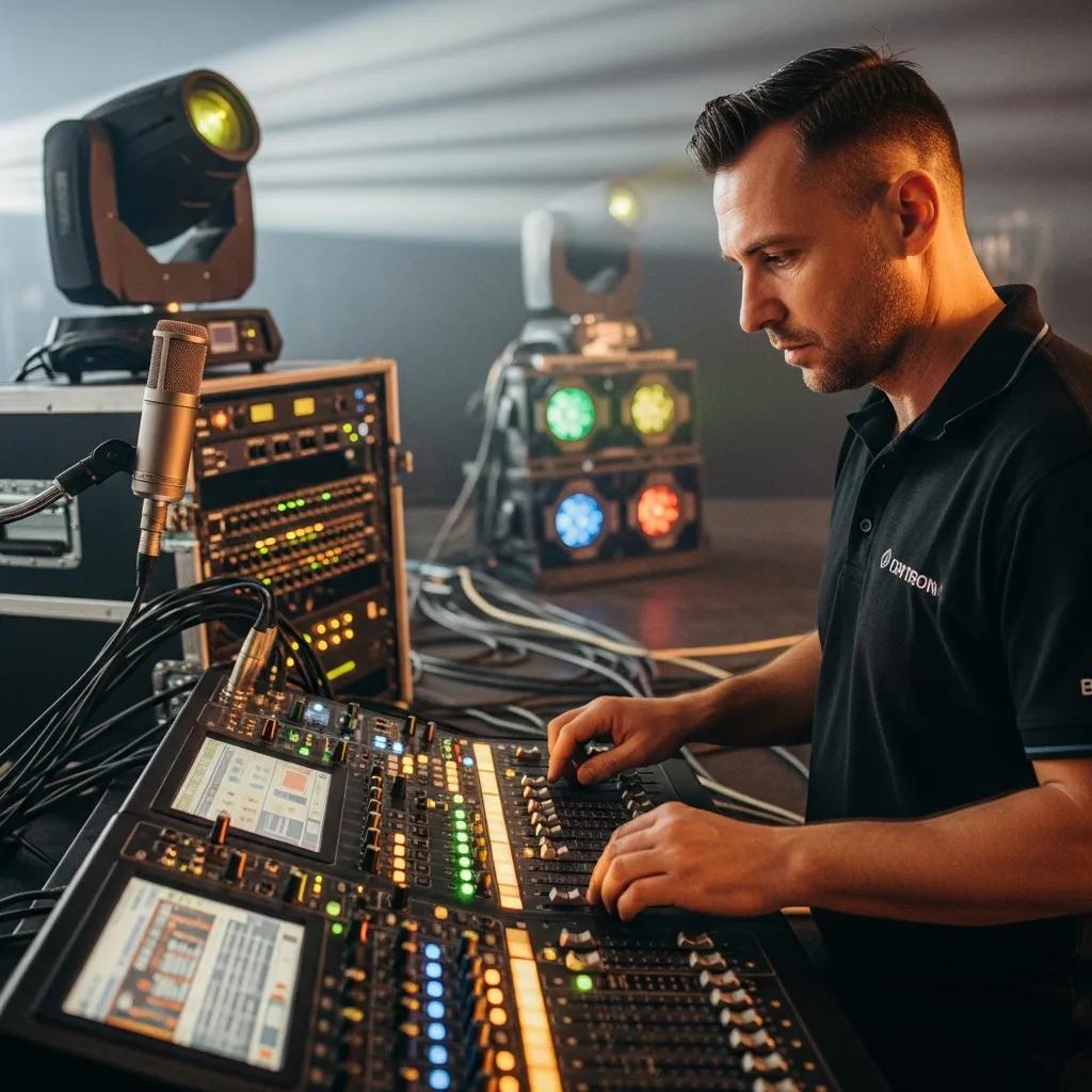 Professional AV technician operating audio mixing console with lighting equipment in background, enhancing event audio-visual quality and setup efficiency.