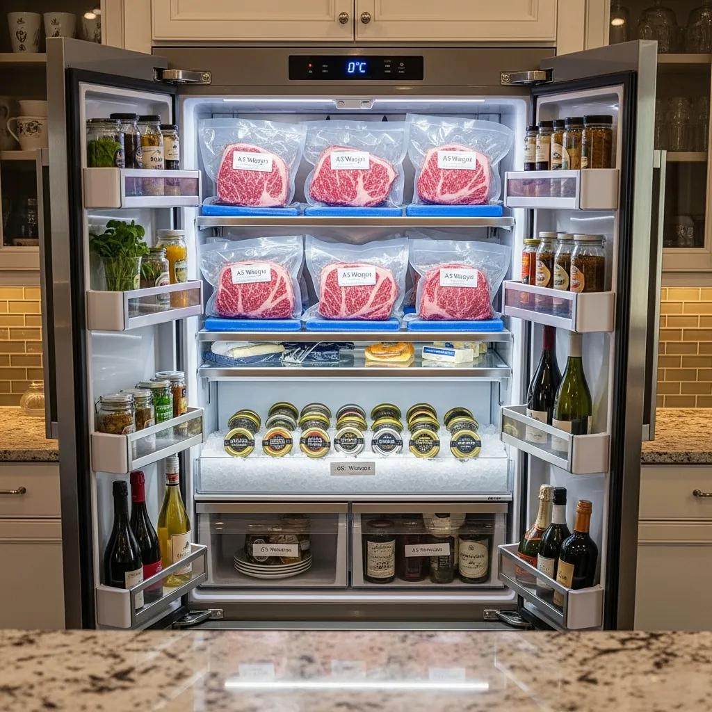 Cold storage of A5 Wagyu and caviar inside a dedicated refrigerator drawer