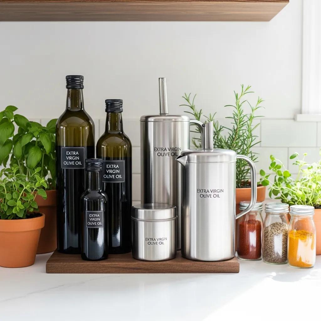 Dark glass and stainless steel containers labeled "Extra Virgin Olive Oil" on a kitchen shelf, surrounded by herbs and spices, emphasizing proper storage practices for maintaining olive oil quality.