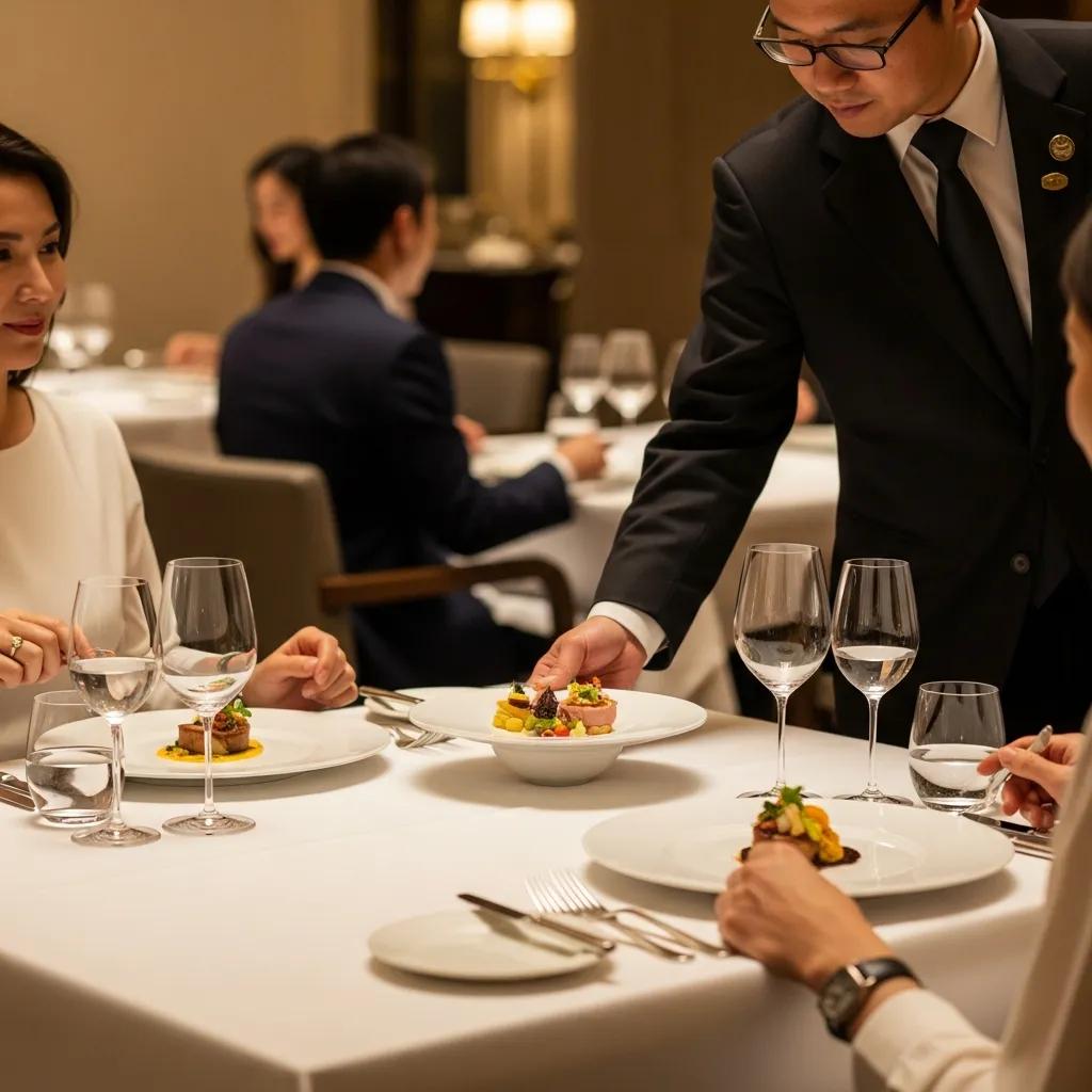 Fine dining experience at Jungsik Restaurant, waiter serving elegantly plated dishes, guests enjoying refined New Korean cuisine, modern table setting with wine glasses and attention to detail.