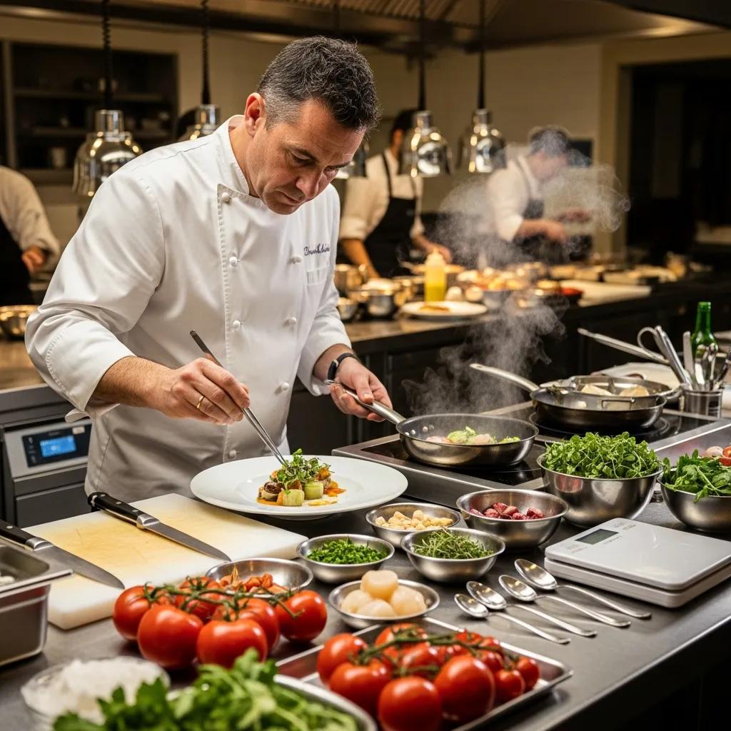 Chef meticulously plating a gourmet dish in a professional kitchen, surrounded by fresh ingredients like tomatoes, herbs, and seafood, showcasing culinary artistry and fine dining techniques.