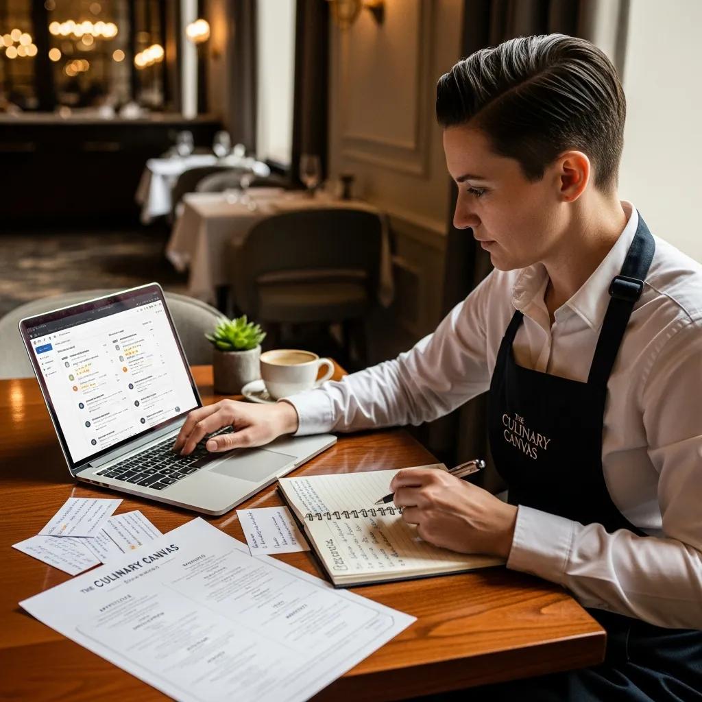 Restaurant manager reviewing customer feedback on a laptop, highlighting the importance of guest input for service improvement, with menus and notes on the table.