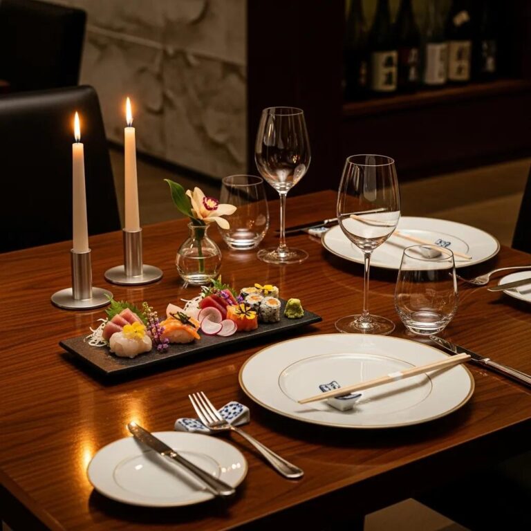 Elegant dining setup at Kaviar Pasadena featuring sushi platter, fine tableware, candles, and intimate ambiance for romantic dinners.