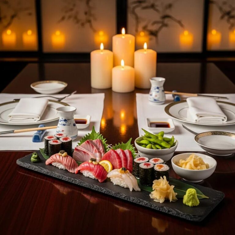 Romantic dining setup with sushi and A5 Wagyu in a luxurious Japanese restaurant