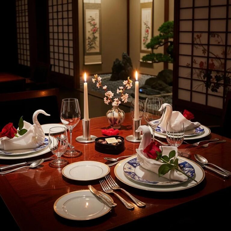Elegant table setting for a romantic Valentine's Day dinner at Kaviar, featuring swan-shaped napkins, red roses, candlelight, and fine tableware in a luxurious Japanese dining ambiance.