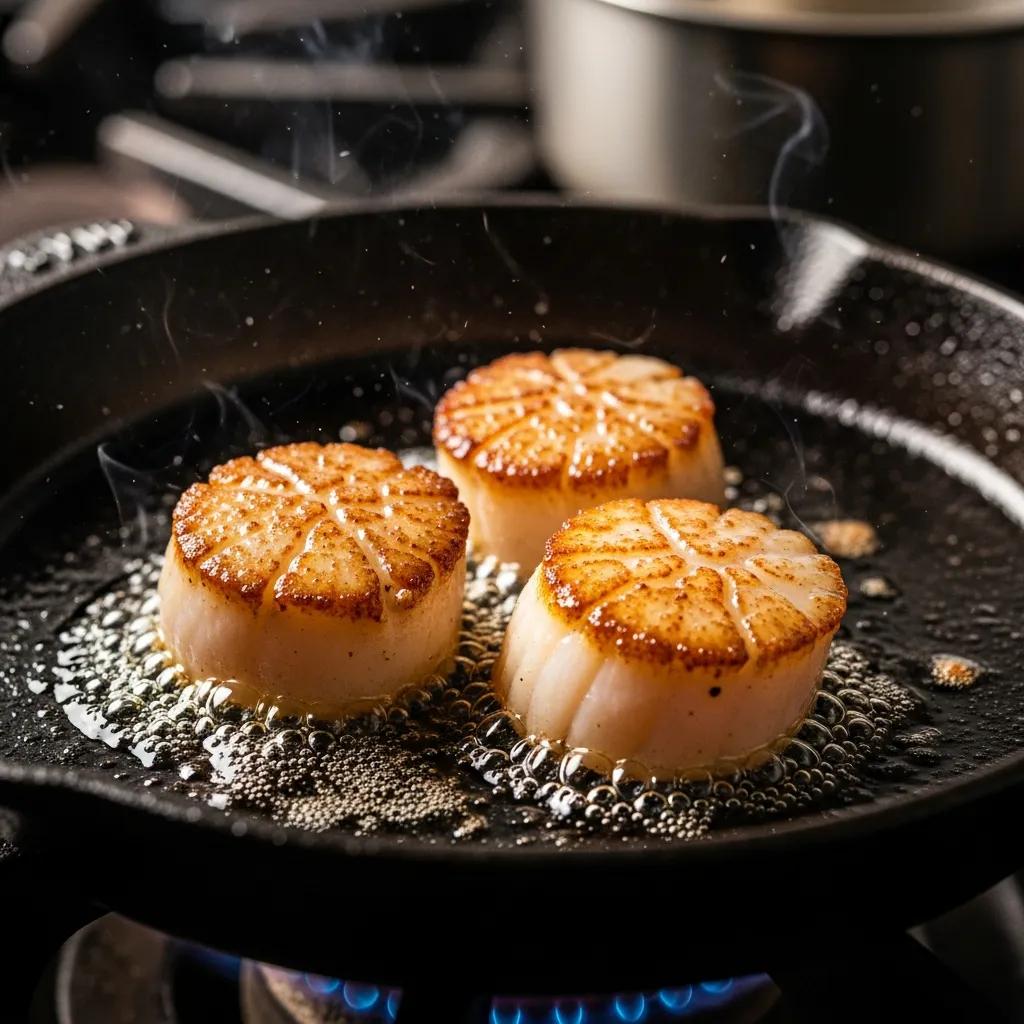 Scallops searing in a hot cast iron pan, showing golden crust development