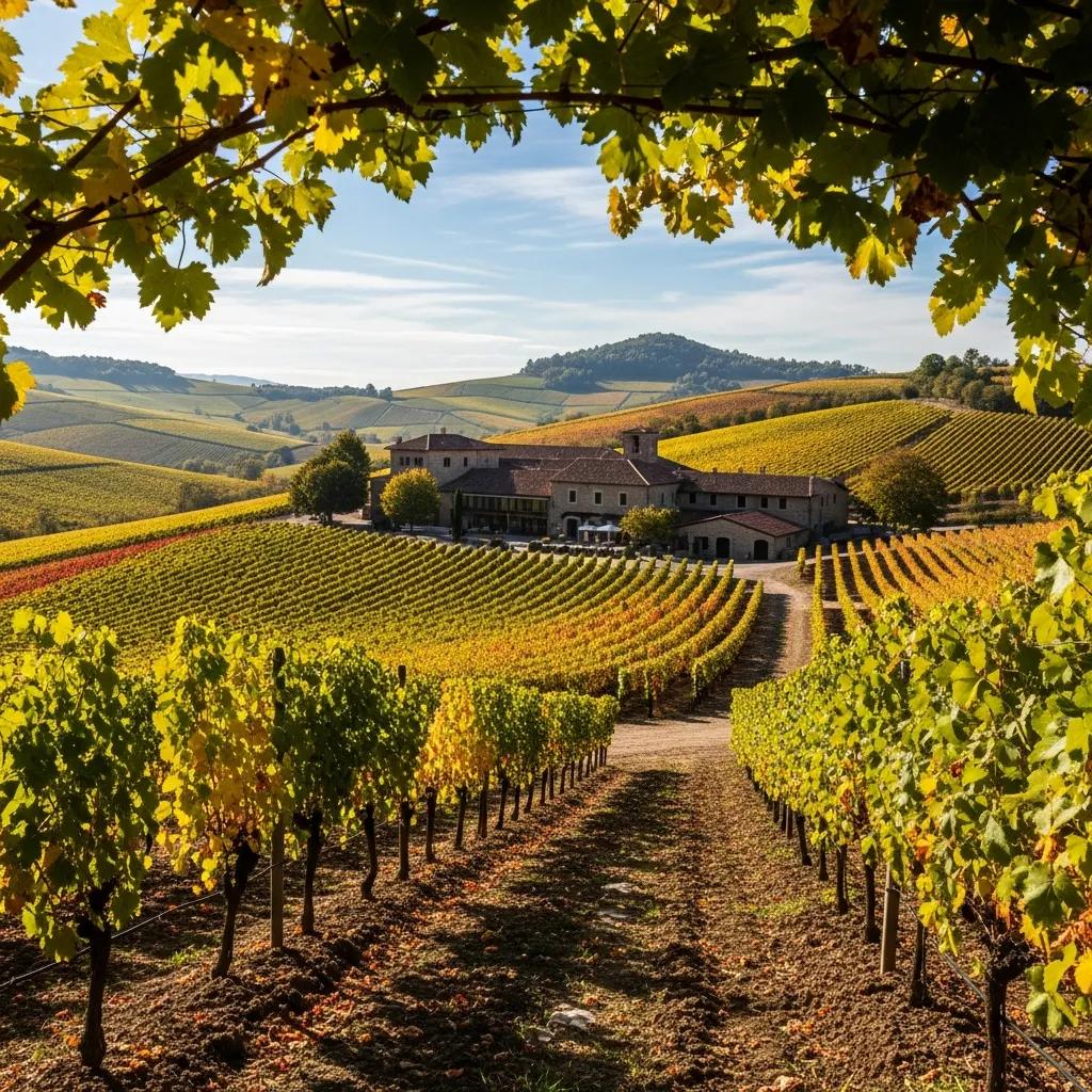 Scenic vineyard landscape showcasing rolling hills and grapevines in an Old World wine region, emphasizing terroir and traditional winemaking.