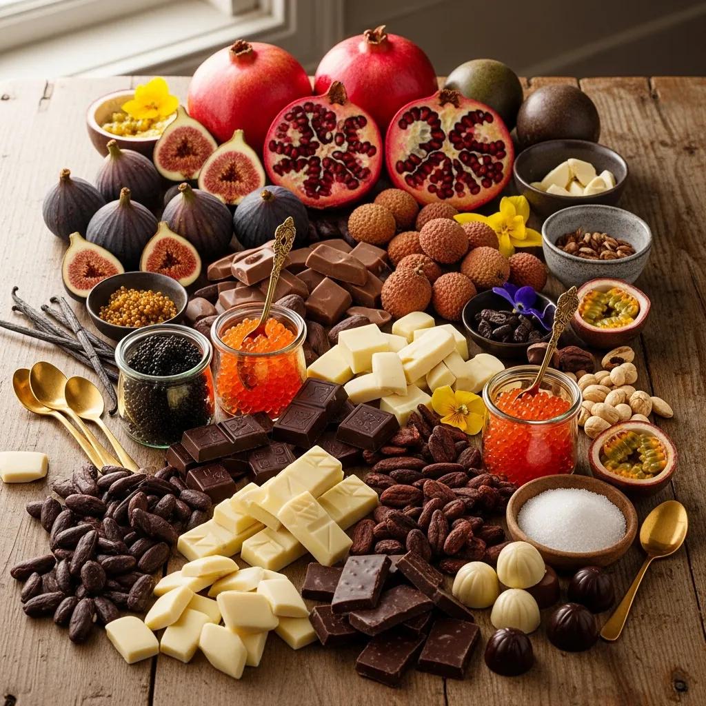 An assortment of seasonal dessert ingredients &mdash; specialty citrus, single-origin chocolate, rare berries and a small jar of caviar &mdash; arranged to show provenance and quality